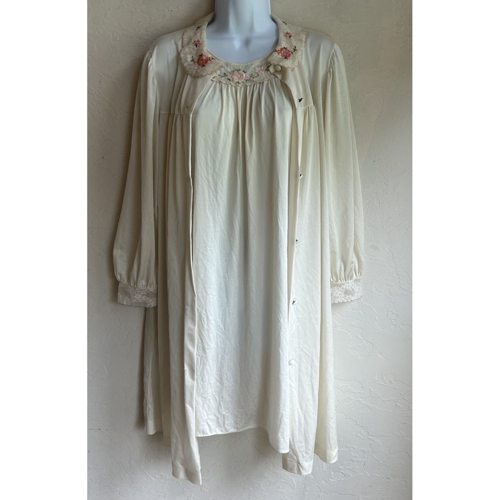 Vintage 60s 70s Lorraine Embroidered Slip Robe Set S M Button Up Nylon Coquette